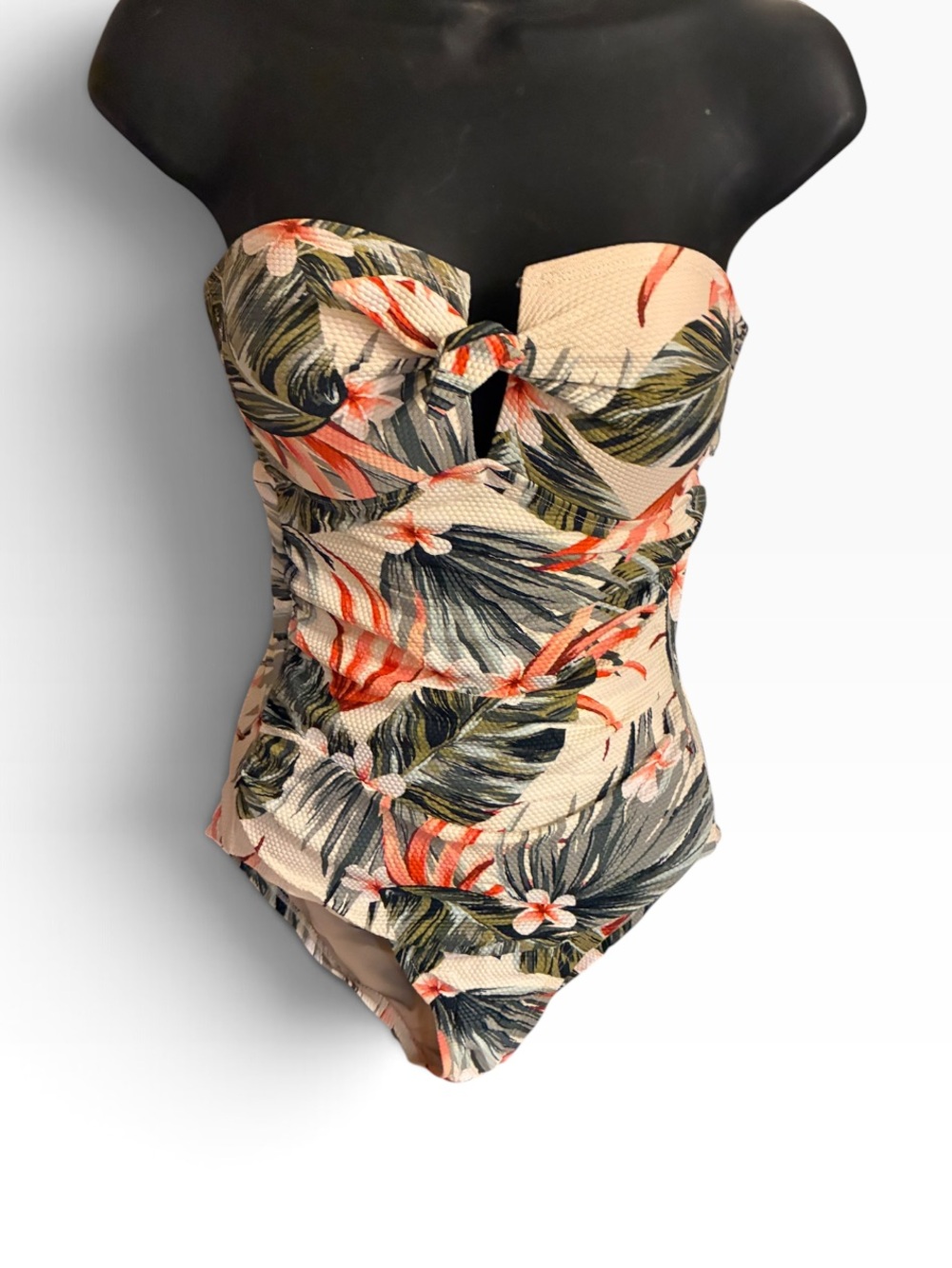 Kona Sol Strapless Tropical One-Piece Swimsuit in Cream, Green and Coral
